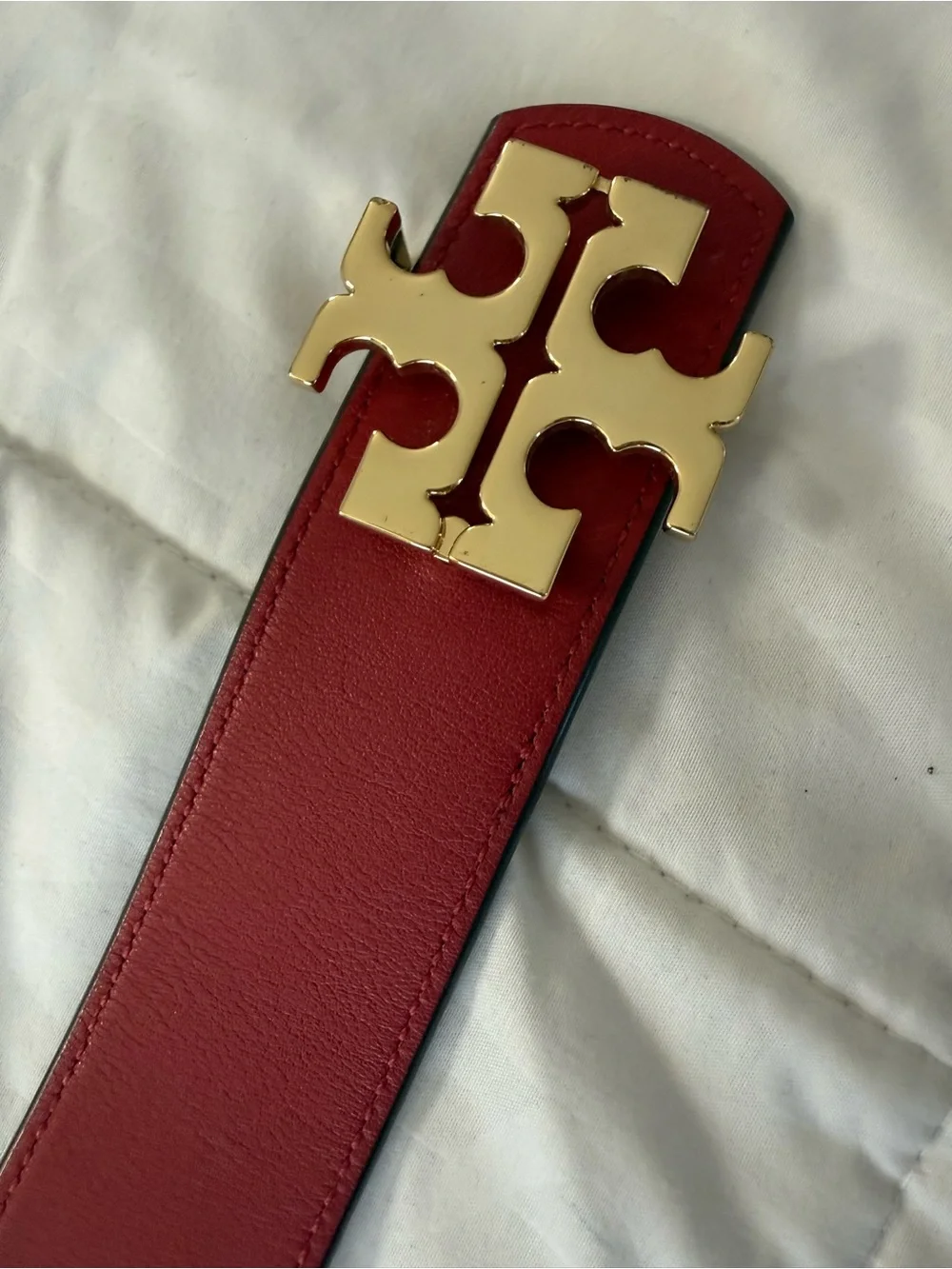 Tory Burch Red Leather Belt with Gold Logo Buckle